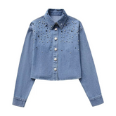 Blusa Cropped Jeans com Decoração em Strass