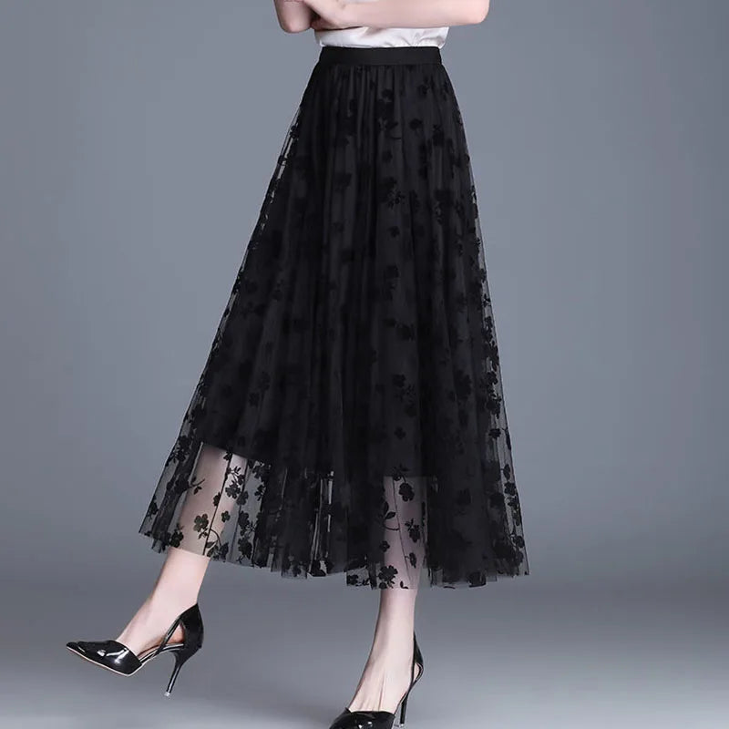 Saia Midi Tule Estampa Floral