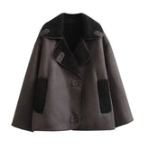 Jaqueta de Couro Oversized Forrada em Lã