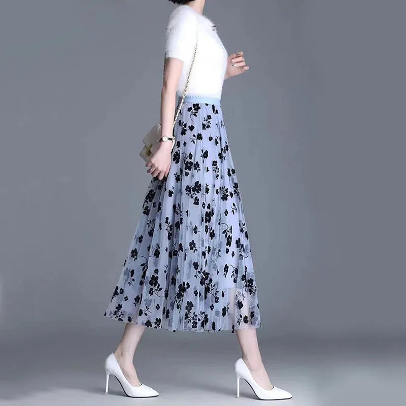 Saia Midi Tule Estampa Floral