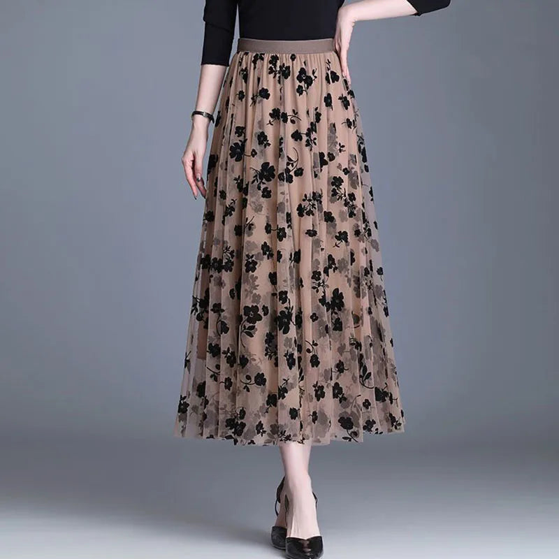 Saia Midi Tule Estampa Floral