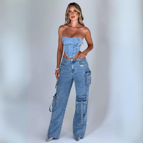 Conjunto Jeans Cargo e Cropped Corset com Amarração