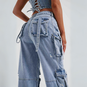 Conjunto Jeans Cargo e Cropped Corset com Amarração