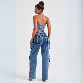 Conjunto Jeans Cargo e Cropped Corset com Amarração