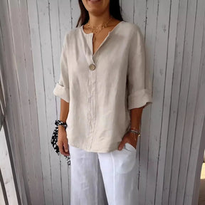 [COMPRE 1 LEVE 3] Camisa Feminina Luciana em Linho de Algodão com Gola Mandarim / Elegância Minimalista e Conforto que Acompanham Você!