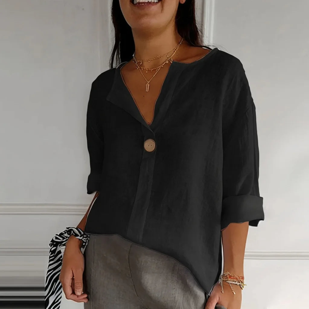 [COMPRE 1 LEVE 3] Camisa Feminina Luciana em Linho de Algodão com Gola Mandarim / Elegância Minimalista e Conforto que Acompanham Você!