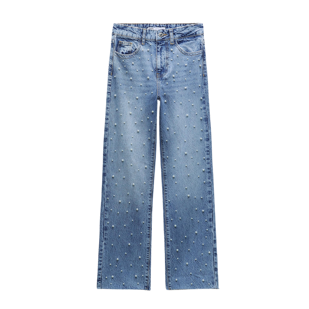 Calça Jeans Reta com Pérolas