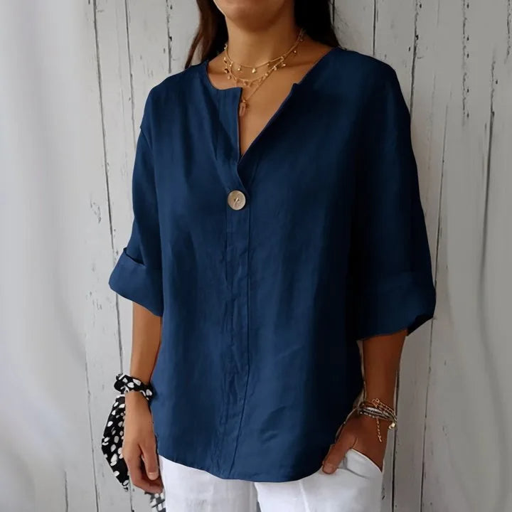 [COMPRE 1 LEVE 3] Camisa Feminina Luciana em Linho de Algodão com Gola Mandarim / Elegância Minimalista e Conforto que Acompanham Você!