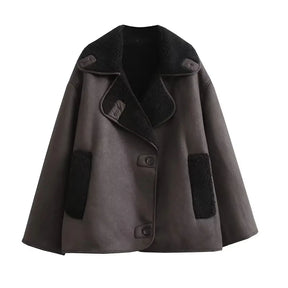 Jaqueta de Couro Oversized Forrada em Lã