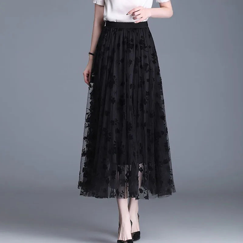 Saia Midi Tule Estampa Floral
